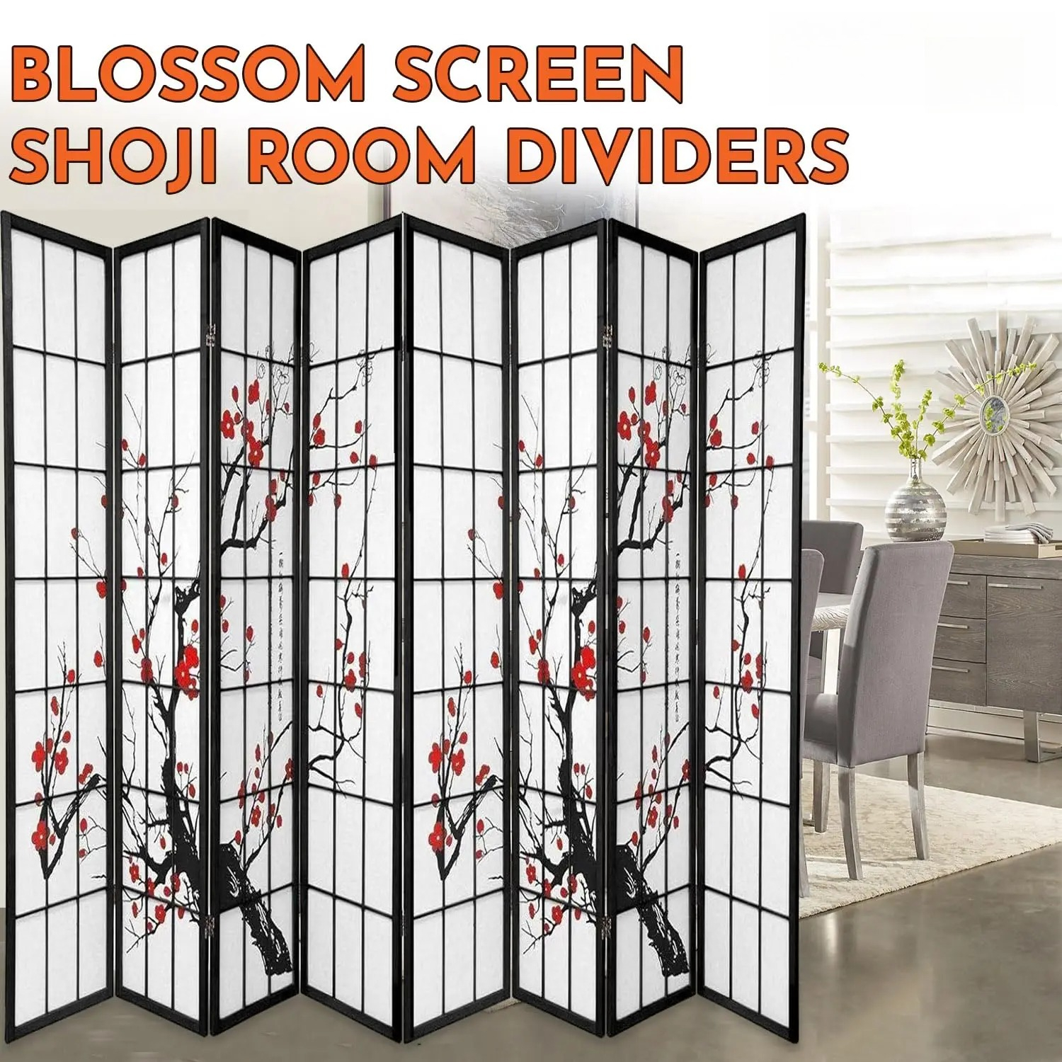 Shoji Screen Divider - 8 Por Foldable Plum Blossom Shoji